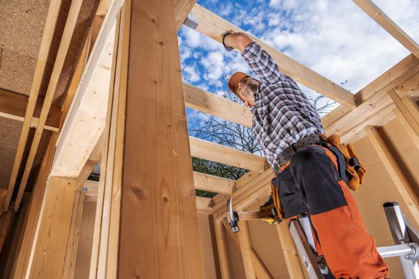 Professional Caucasian Woodwork Industry Worker in His 40s Inside Newly Built Wooden Skeleton Frame